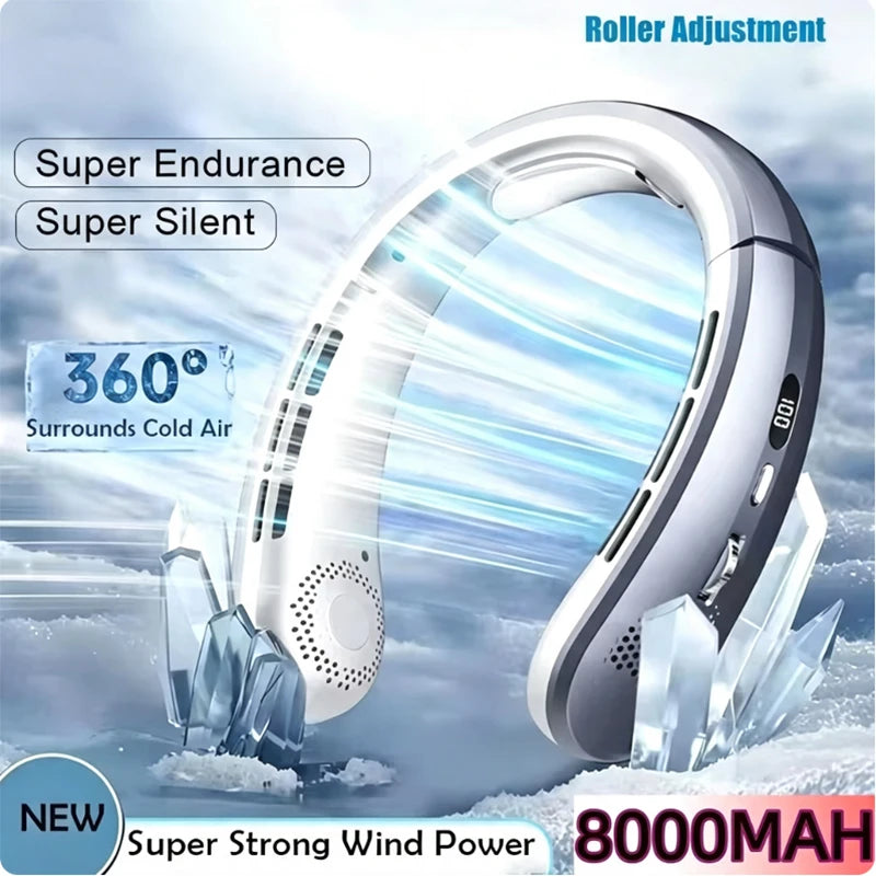 8000mAh Hanging Neck Fan Portable Bladeless USB Rechargeable Mute LED Digital Display Air Cooler Hands Free Fan for Home Outdoor
