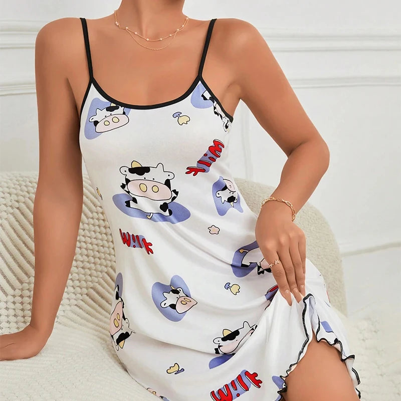 Women's Cotton Sleepwear Dress – Floral Print Spaghetti Strap Nightgown