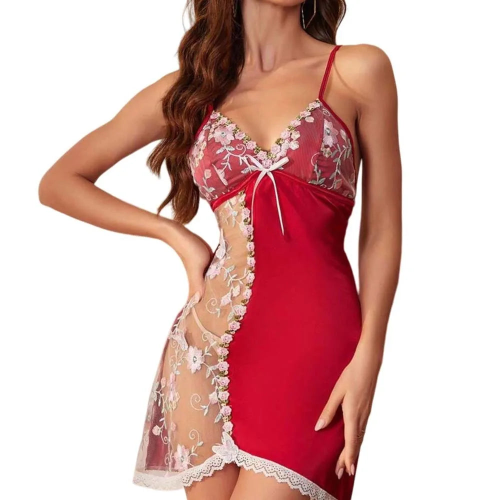 Lace Bow Women's Pajama Dress – Embroidered Mesh Ice Silk Suspender Nightdress