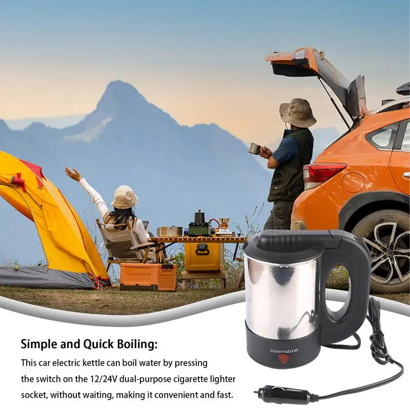 Portable Car Electric Kettle – 500ml Stainless Steel, 12V/24V Auto Shut-Off