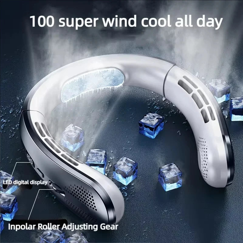 8000mAh Hanging Neck Fan Portable Bladeless USB Rechargeable Mute LED Digital Display Air Cooler Hands Free Fan for Home Outdoor