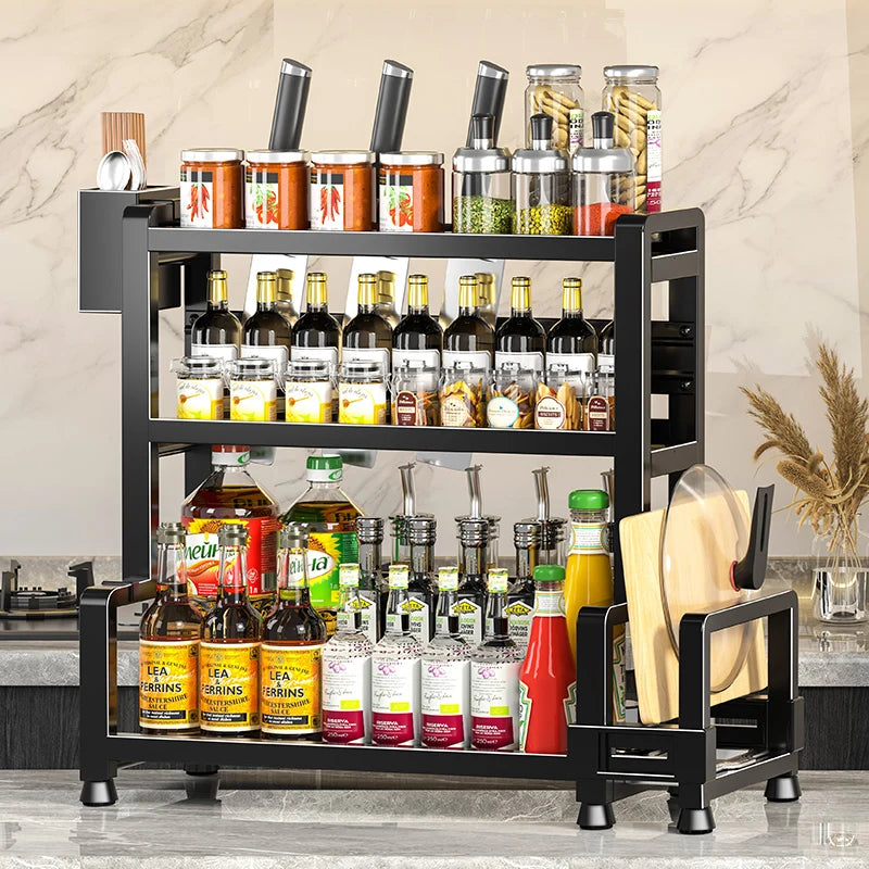 2-3 Tier Adjustable Metal Spice Rack – Freestanding Kitchen Organizer with Knife Storage