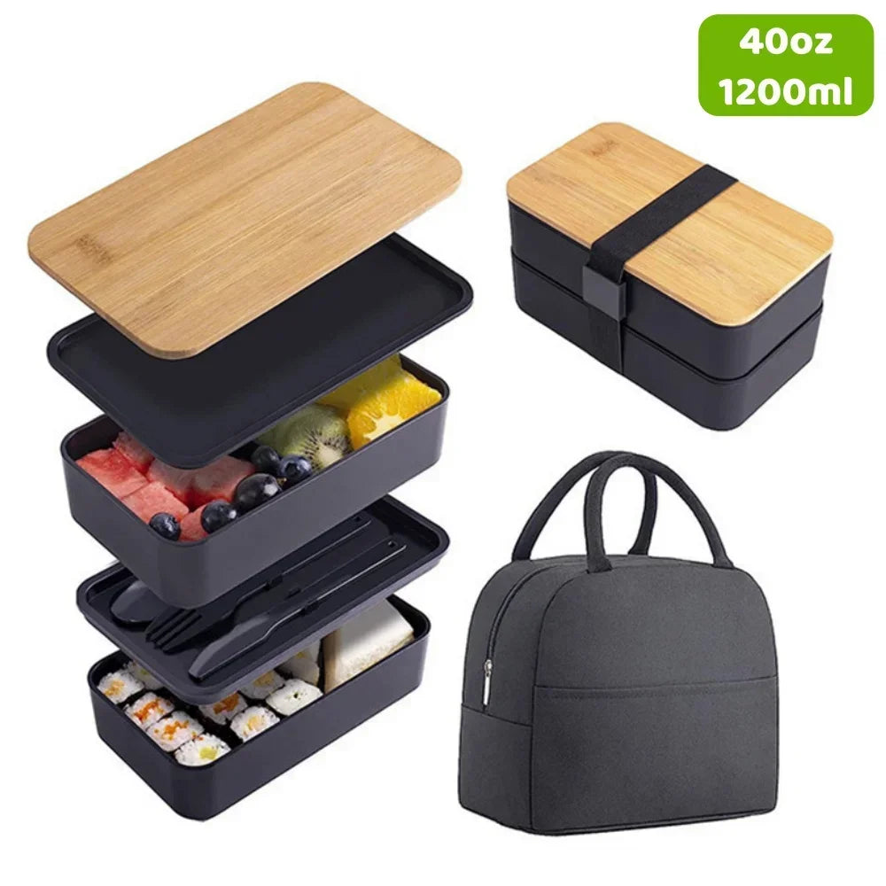 Adult Bento Lunch Box, 2-Tier Food Storage Container Set with Cutlery