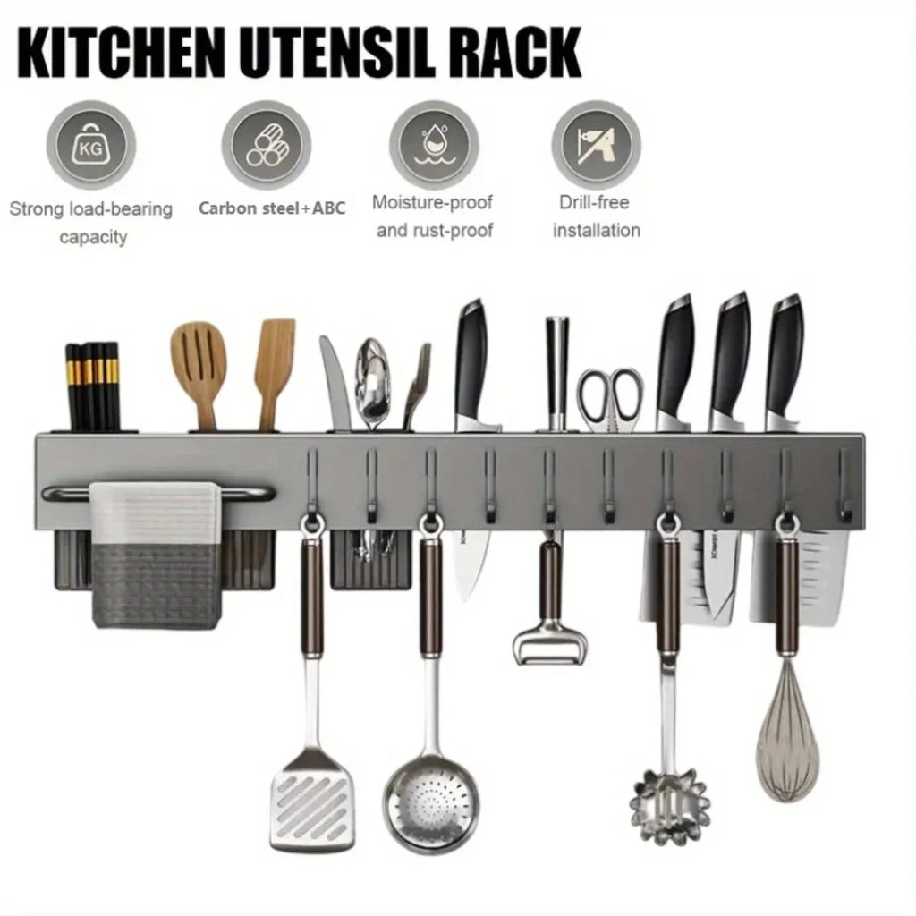 Heavy Duty Carbon Steel Wall Mounted Kitchen Organizer – No Drill Knife & Utensil Rack