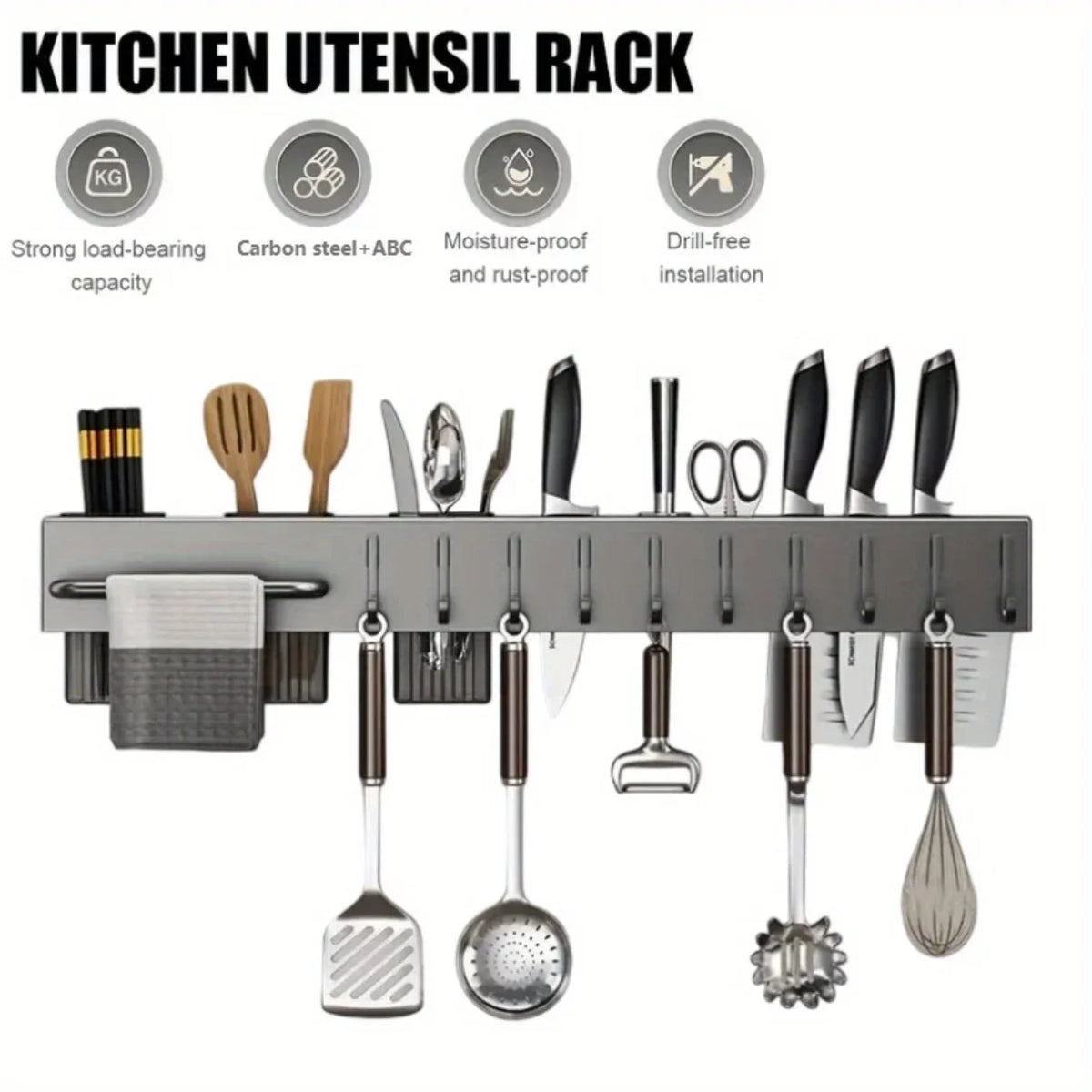 Heavy Duty Carbon Steel Wall Mounted Kitchen Organizer – No Drill Knife & Utensil Rack