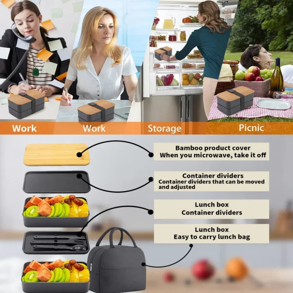 Adult Bento Lunch Box, 2-Tier Food Storage Container Set with Cutlery