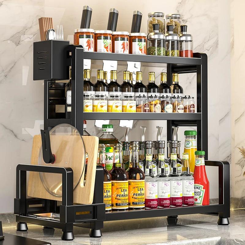 2-3 Tier Adjustable Metal Spice Rack – Freestanding Kitchen Organizer with Knife Storage