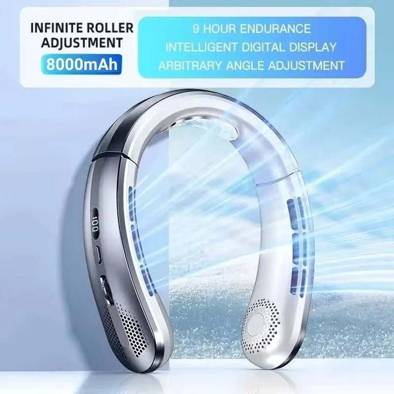 8000mAh Hanging Neck Fan Portable Bladeless USB Rechargeable Mute LED Digital Display Air Cooler Hands Free Fan for Home Outdoor