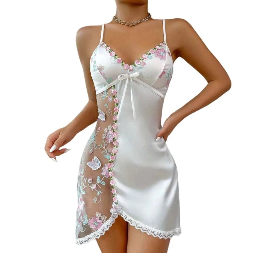 Lace Bow Women's Pajama Dress – Embroidered Mesh Ice Silk Suspender Nightdress