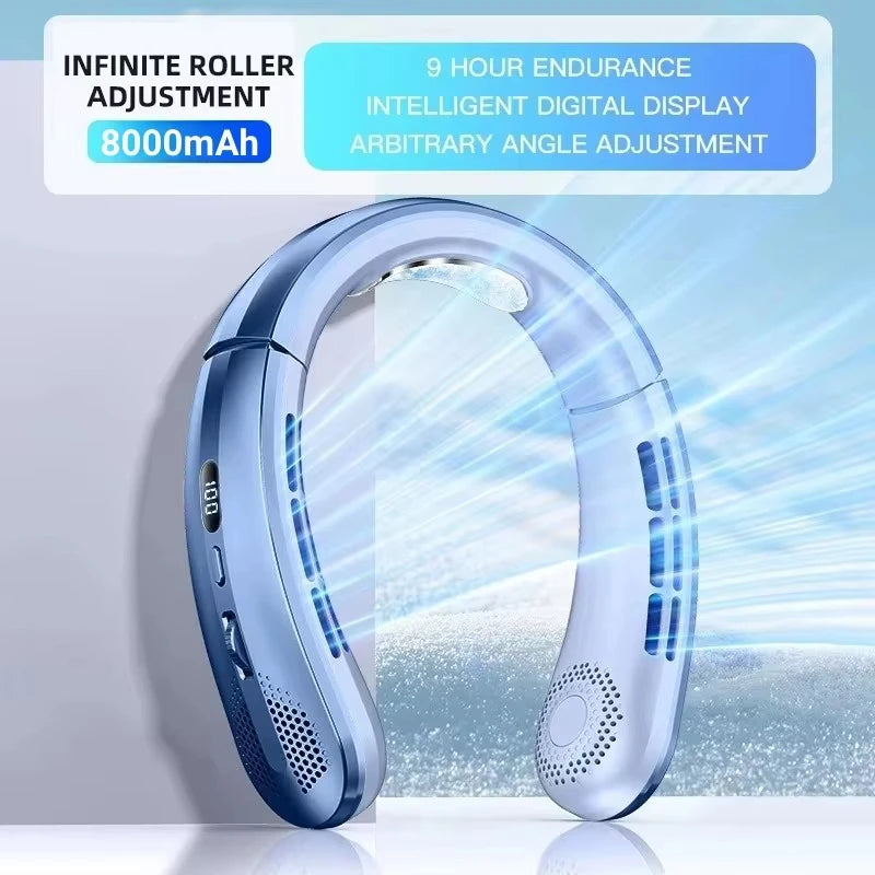 8000mAh Hanging Neck Fan Portable Bladeless USB Rechargeable Mute LED Digital Display Air Cooler Hands Free Fan for Home Outdoor