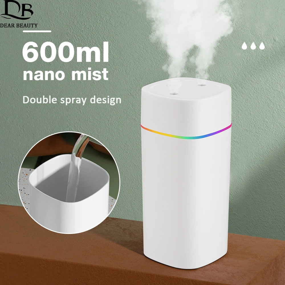 600ML Air Humidifier – Double Spray Aromatherapy Diffuser with Colorful Night Light