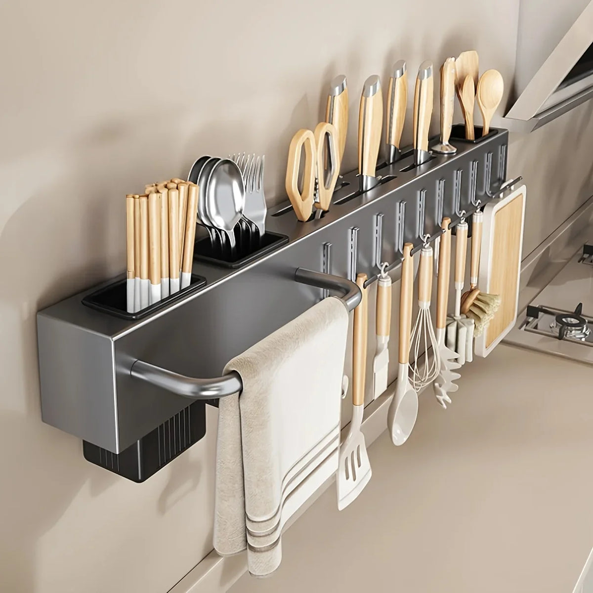 Heavy Duty Carbon Steel Wall Mounted Kitchen Organizer – No Drill Knife & Utensil Rack