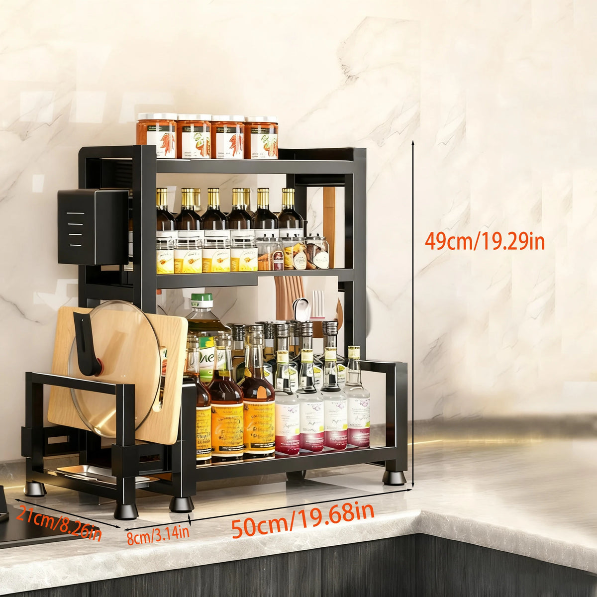 2-3 Tier Adjustable Metal Spice Rack – Freestanding Kitchen Organizer with Knife Storage