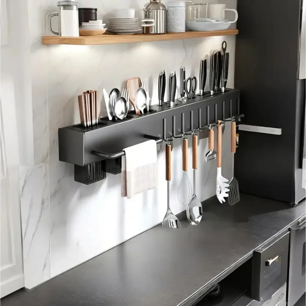 Heavy Duty Carbon Steel Wall Mounted Kitchen Organizer – No Drill Knife & Utensil Rack