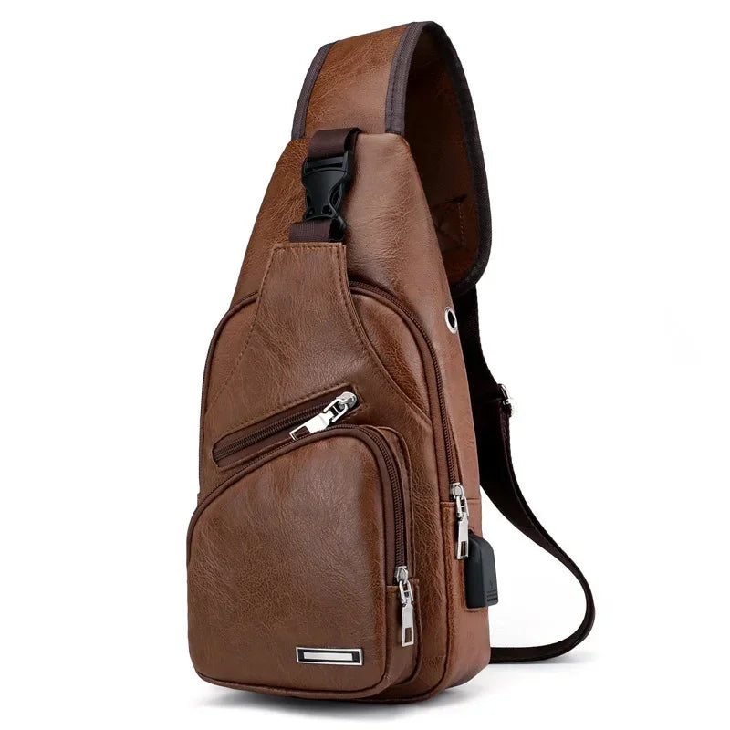 2024 Men's USB Chest Bag Designer Men Messenger Crossbody Package PU Leather Shoulder Bags Package Travel Chest Bag Bolso Hombre