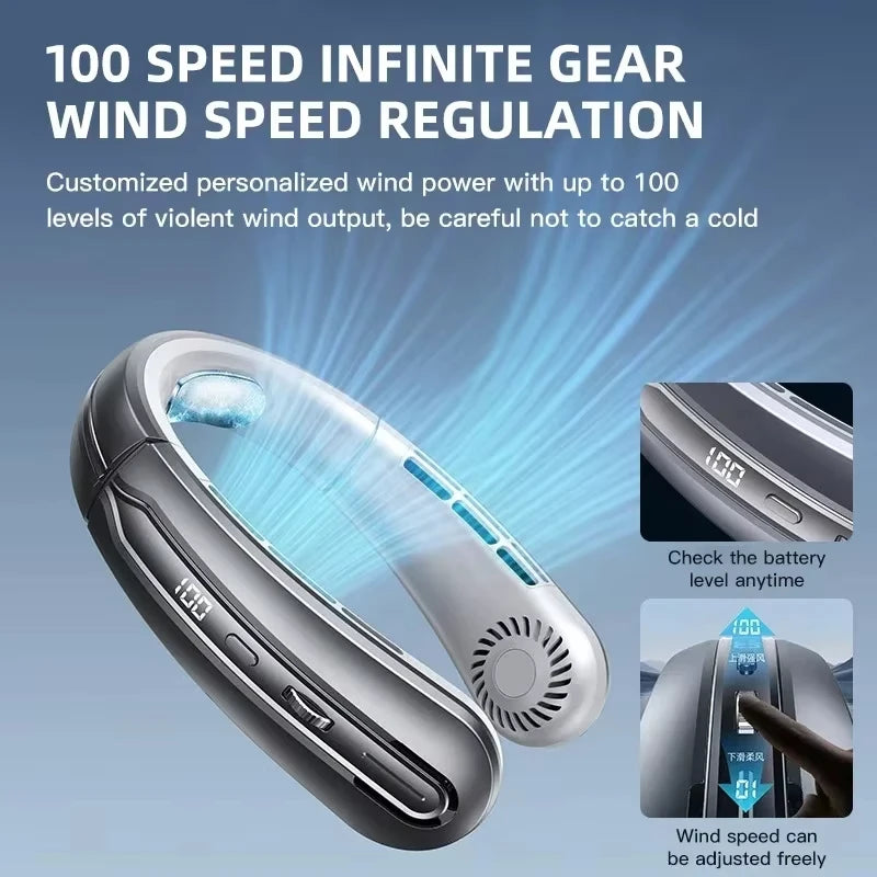 8000mAh Hanging Neck Fan Portable Bladeless USB Rechargeable Mute LED Digital Display Air Cooler Hands Free Fan for Home Outdoor
