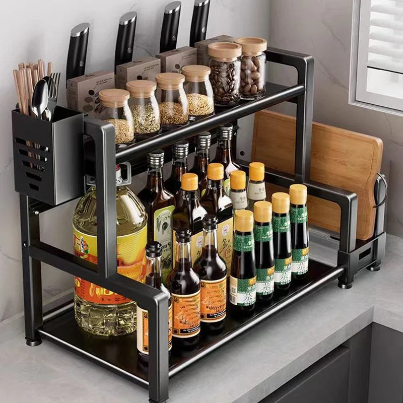 2-3 Tier Adjustable Metal Spice Rack – Freestanding Kitchen Organizer with Knife Storage