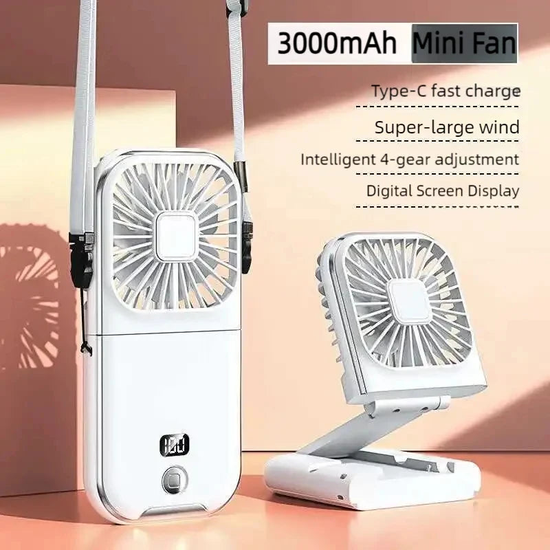 3-in-1 Foldable Neck Fan – Handheld USB Rechargeable Mini Fan with 3000mAh Battery
