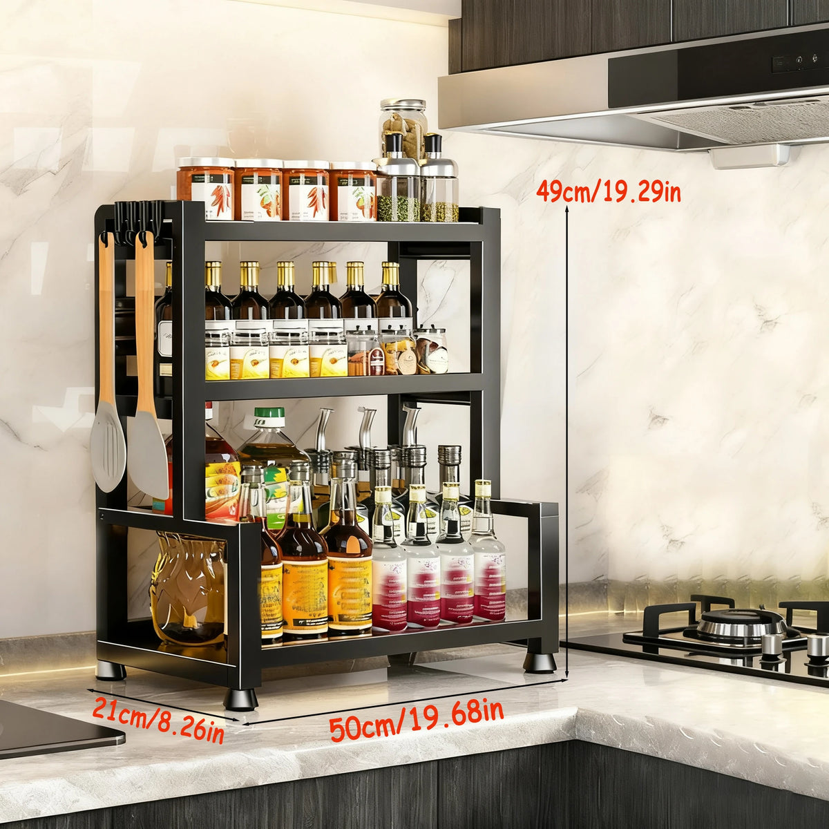 2-3 Tier Adjustable Metal Spice Rack – Freestanding Kitchen Organizer with Knife Storage