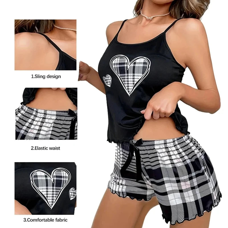 Women's Suspender Top & Plaid Pants Pajama Set – Love Print Two-Piece Sleepwear Loungewear