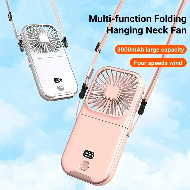 3-in-1 Foldable Neck Fan – Handheld USB Rechargeable Mini Fan with 3000mAh Battery