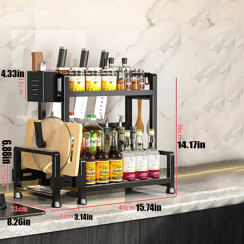 2-3 Tier Adjustable Metal Spice Rack – Freestanding Kitchen Organizer with Knife Storage