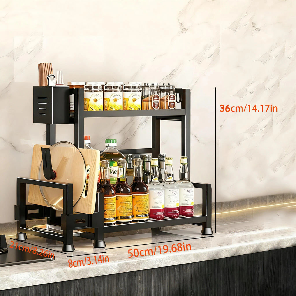 2-3 Tier Adjustable Metal Spice Rack – Freestanding Kitchen Organizer with Knife Storage