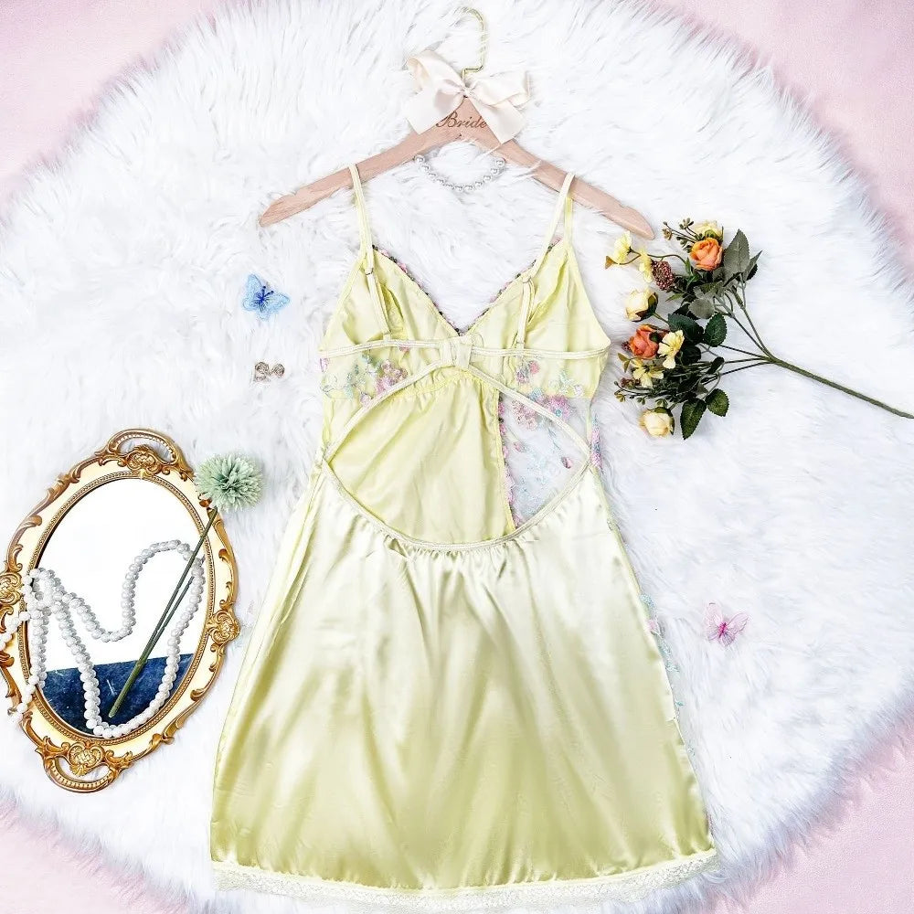 Lace Bow Women's Pajama Dress – Embroidered Mesh Ice Silk Suspender Nightdress
