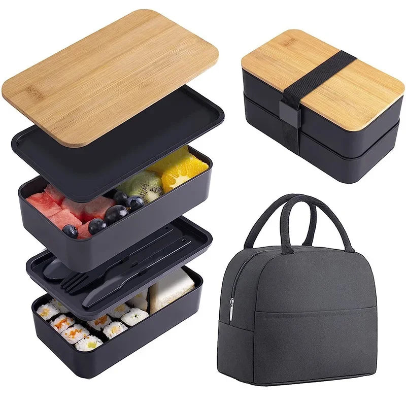 Adult Bento Lunch Box, 2-Tier Food Storage Container Set with Cutlery
