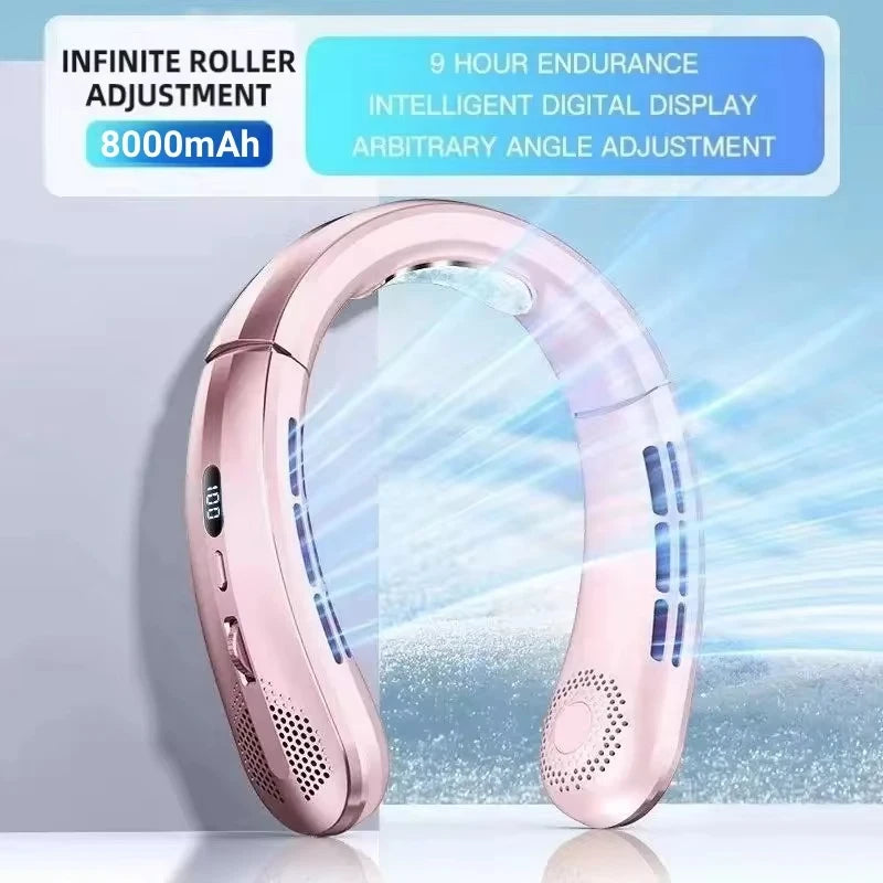 8000mAh Hanging Neck Fan Portable Bladeless USB Rechargeable Mute LED Digital Display Air Cooler Hands Free Fan for Home Outdoor