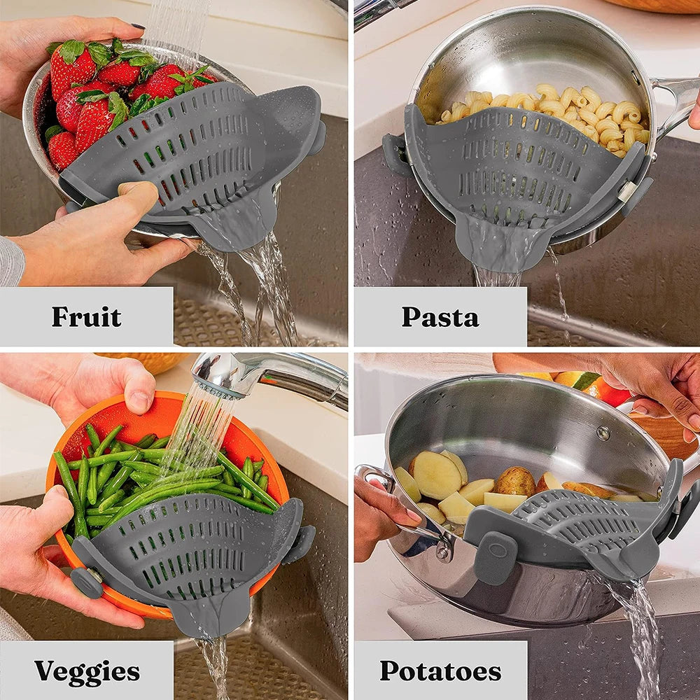 Silicone Kitchen Strainer Clip On Pots and Pans Drain Rack Pasta Noodl…