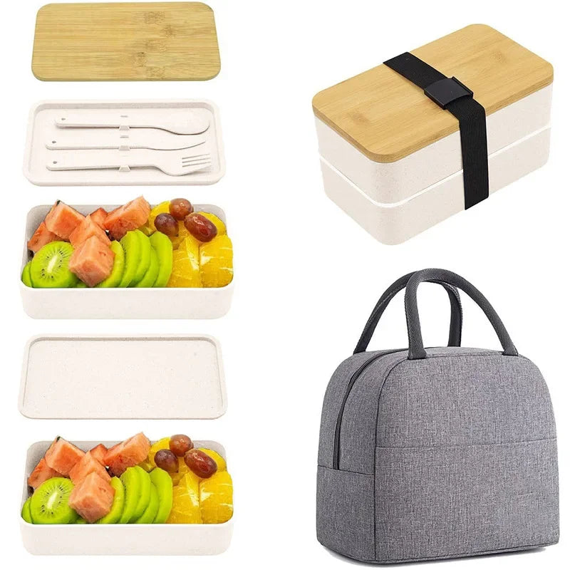 Adult Bento Lunch Box, 2-Tier Food Storage Container Set with Cutlery