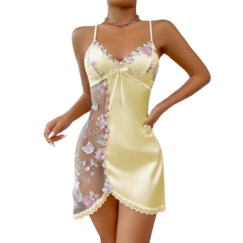 Lace Bow Women's Pajama Dress – Embroidered Mesh Ice Silk Suspender Nightdress