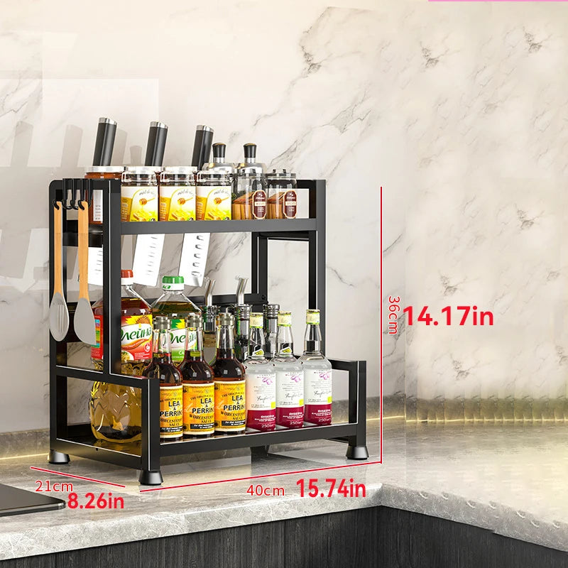 2-3 Tier Adjustable Metal Spice Rack – Freestanding Kitchen Organizer with Knife Storage