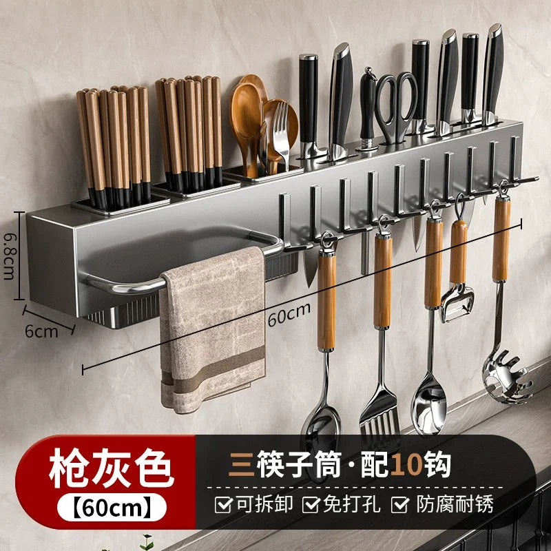 Heavy Duty Carbon Steel Wall Mounted Kitchen Organizer – No Drill Knife & Utensil Rack