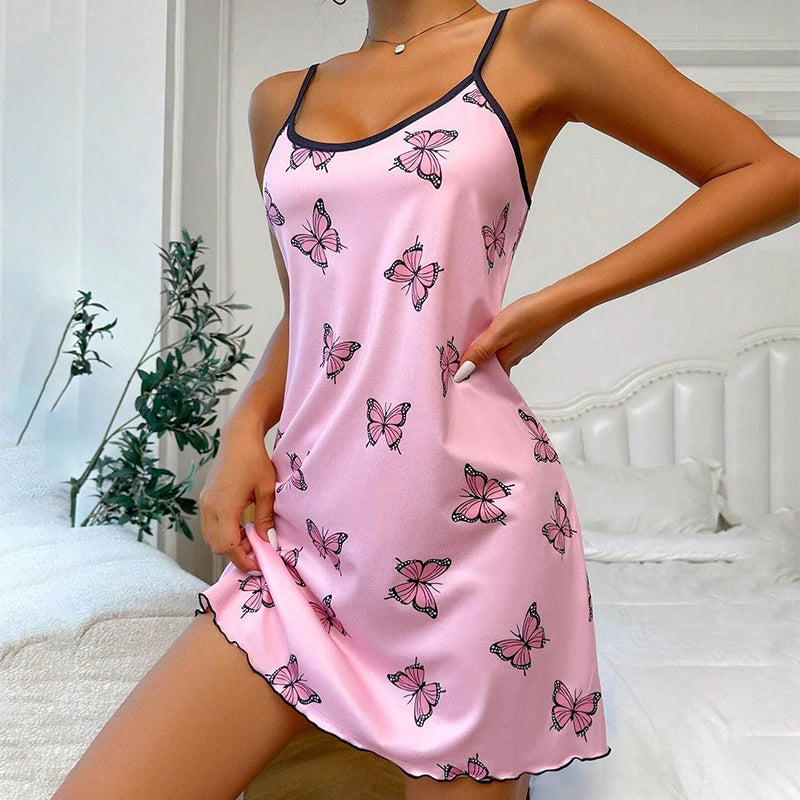 Women's Cotton Sleepwear Dress – Floral Print Spaghetti Strap Nightgown
