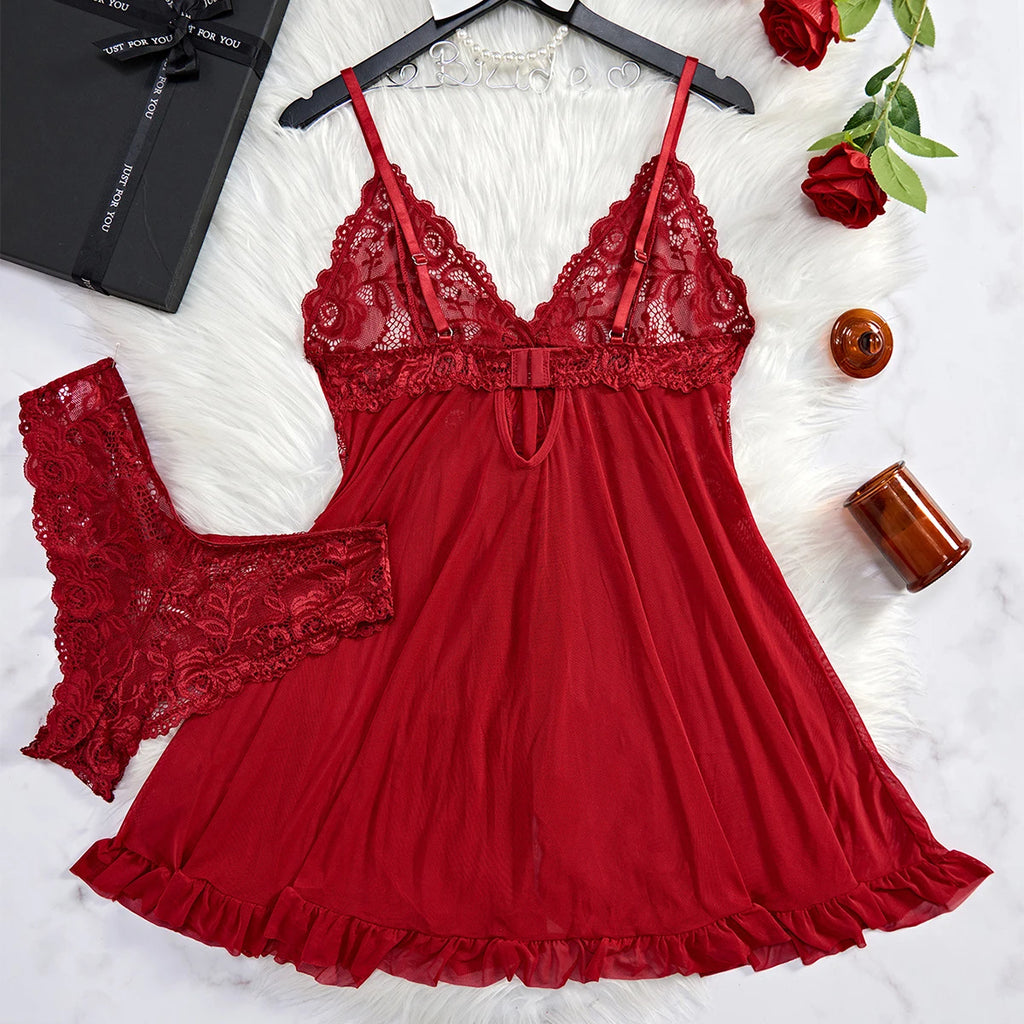 Women's Lace Lingerie Slip Dress – Sheer V-Neck Nightgown & Sleepwear
