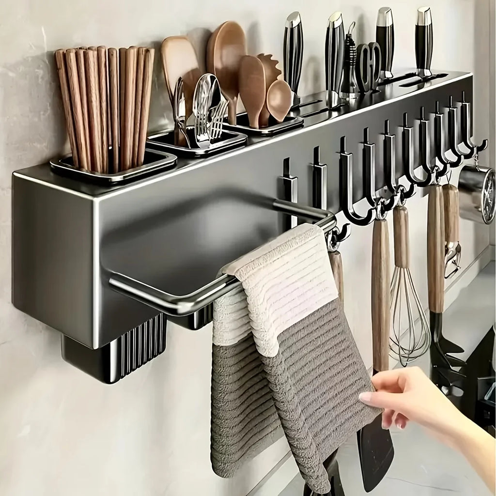 Heavy Duty Carbon Steel Wall Mounted Kitchen Organizer – No Drill Knife & Utensil Rack