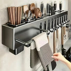 Heavy Duty Carbon Steel Wall Mounted Kitchen Organizer – No Drill Knife & Utensil Rack