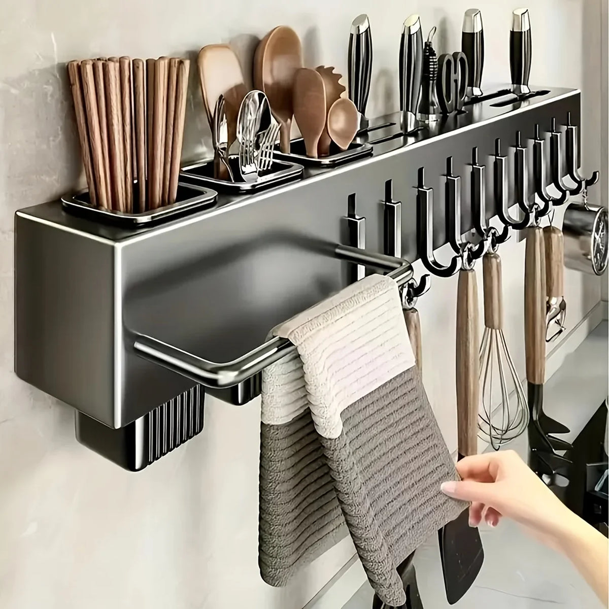 Heavy Duty Carbon Steel Wall Mounted Kitchen Organizer – No Drill Knife & Utensil Rack