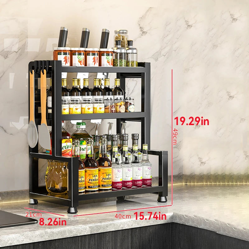 2-3 Tier Adjustable Metal Spice Rack – Freestanding Kitchen Organizer with Knife Storage