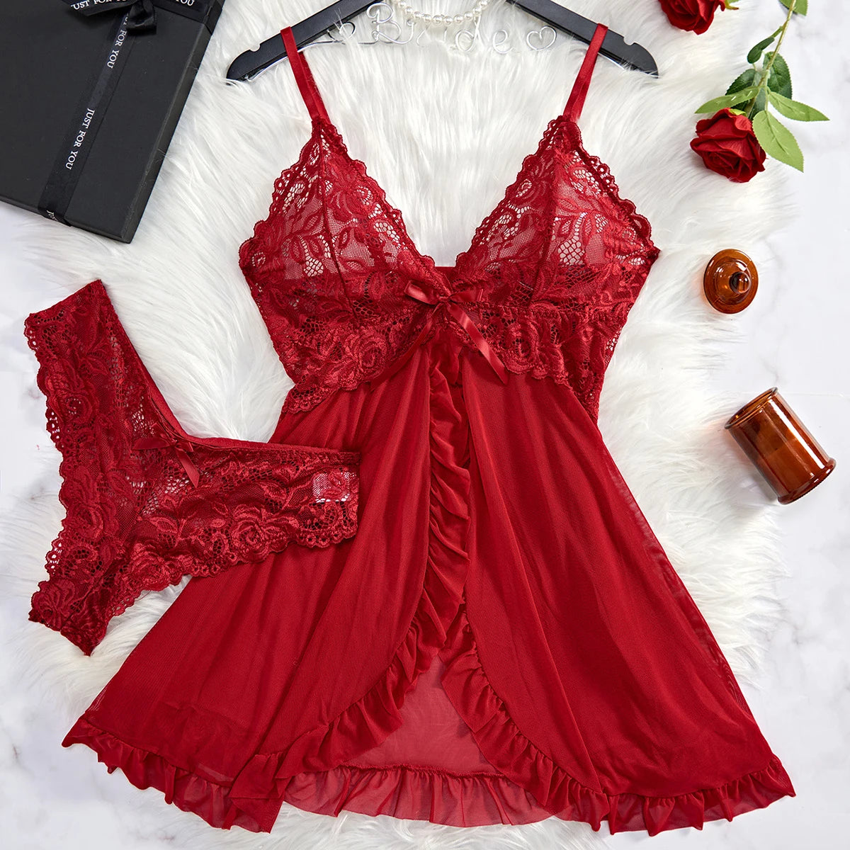 Women's Lace Lingerie Slip Dress – Sheer V-Neck Nightgown & Sleepwear
