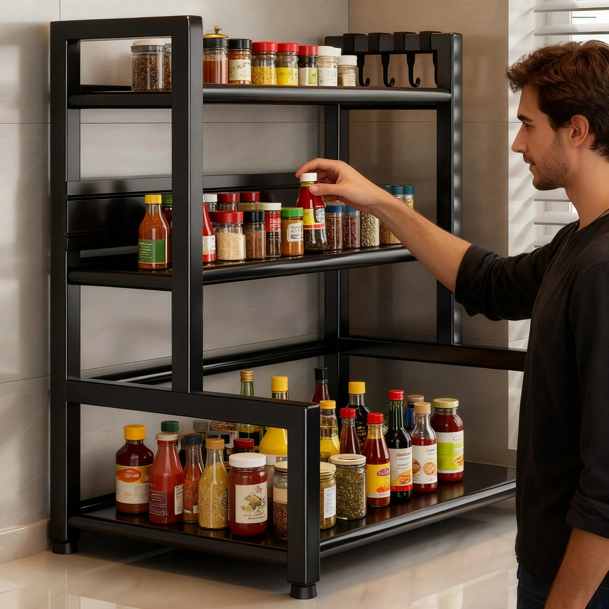 2-3 Tier Adjustable Metal Spice Rack – Freestanding Kitchen Organizer with Knife Storage