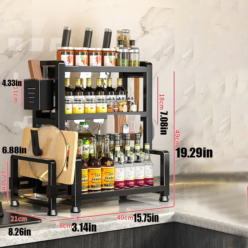 2-3 Tier Adjustable Metal Spice Rack – Freestanding Kitchen Organizer with Knife Storage