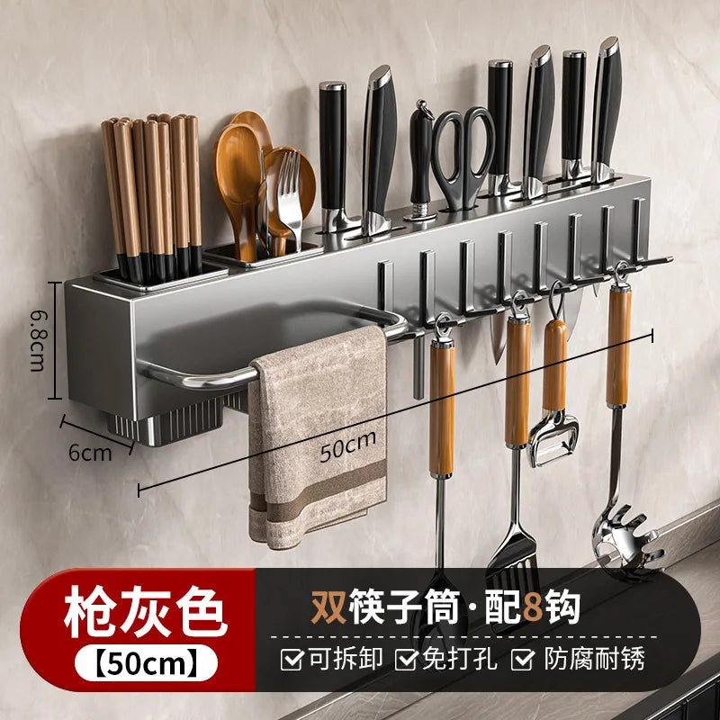 Heavy Duty Carbon Steel Wall Mounted Kitchen Organizer – No Drill Knife & Utensil Rack