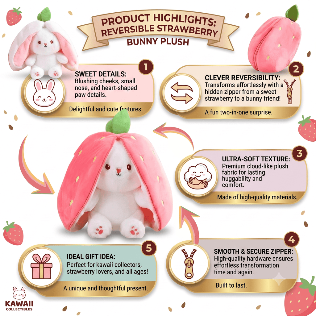 Reversible Bunny Plush Toy | Strawberry & Carrot Stuffed Animal for Ki…i
