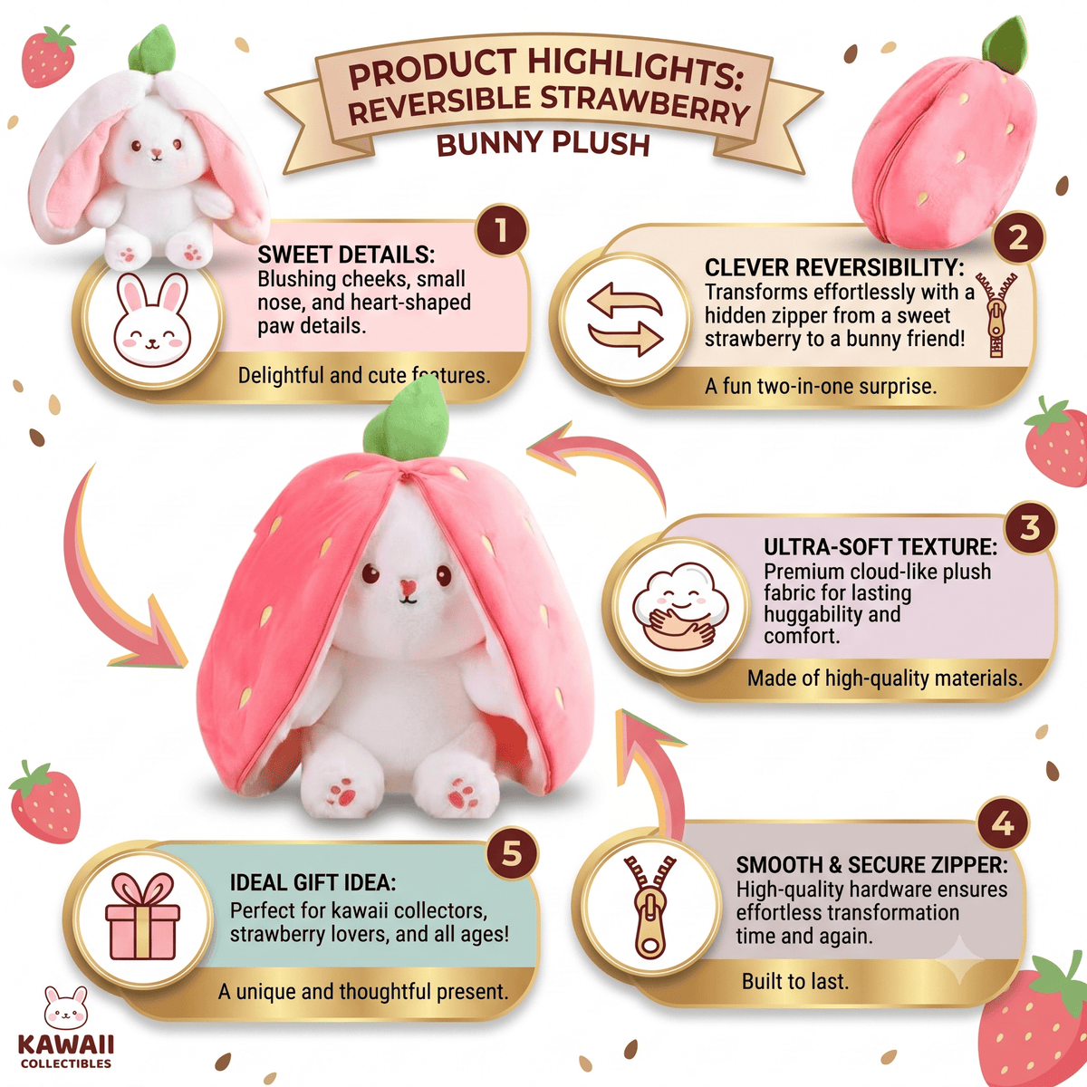 Reversible Bunny Plush Toy | Strawberry & Carrot Stuffed Animal for Ki…i